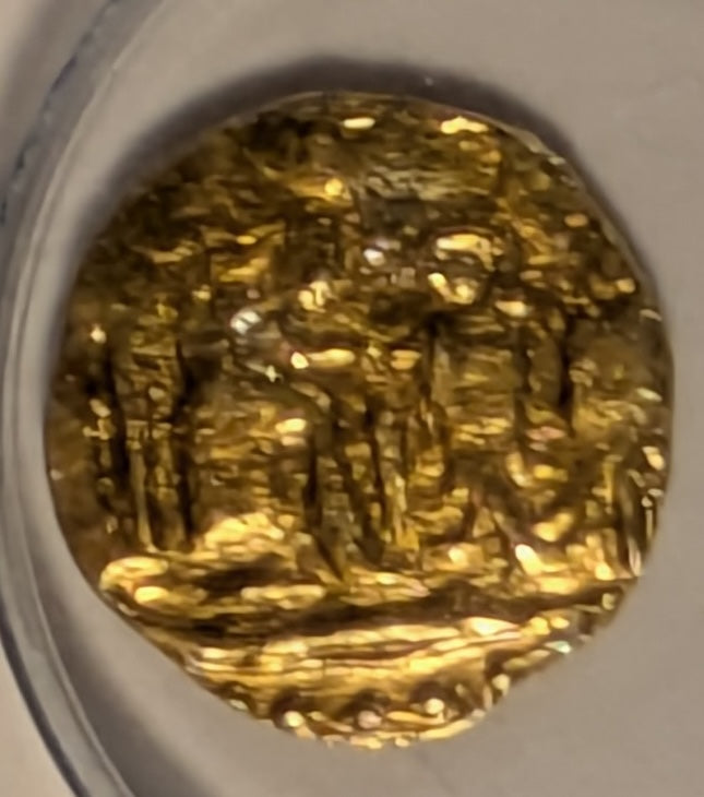 INDIA, Cholas of Tanjore. Raja Raja ~ 985-1014 ~ Gold Fanam (.44g) or 1/8 Kahavanu ~ Tiger seated right, bow behind, facing two upright fishes ~ 2 line legend, “Yuddha Malla”. Scarce ~ MNIS-726, Fr-286 ~ VF