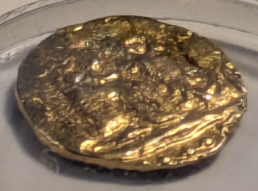 INDIA, Cholas of Tanjore. Raja Raja ~ 985-1014 ~ Gold Fanam (.44g) or 1/8 Kahavanu ~ Tiger seated right, bow behind, facing two upright fishes ~ 2 line legend, “Yuddha Malla”. Scarce ~ MNIS-726, Fr-286 ~ VF