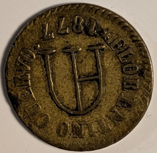 MEXICO, Zacatecas (?), Ahualulco. Florentino ~ Cuervo. 1877 ~ 1/8 in brass 22mm ~ FLORENTINO CUERVO 1877 around AM monogram ~ HA Del Carmen around 1/8, oak and laurel wreath. ~ Rulau Zac-1ff, Grove-1469 ~ VF
