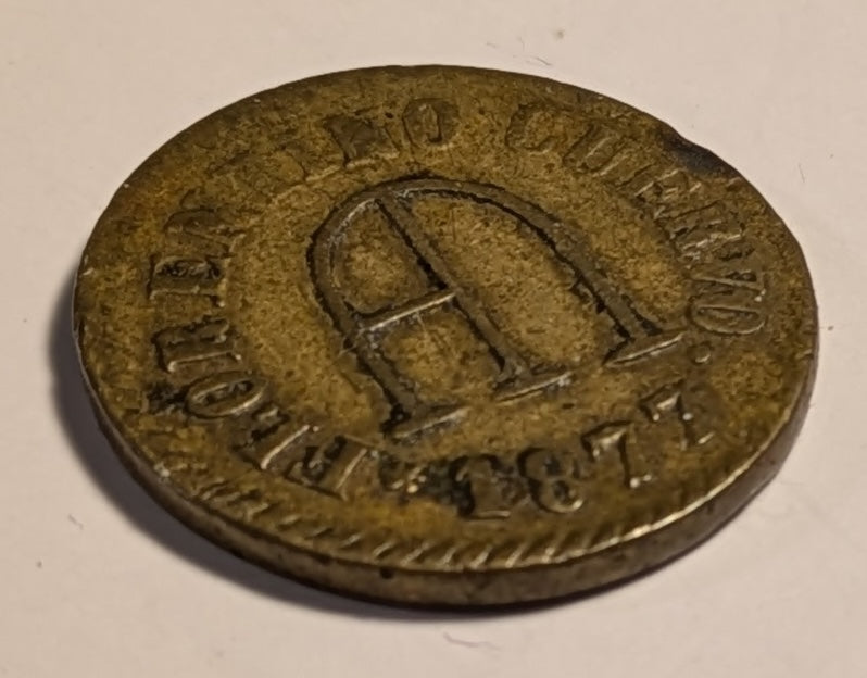 MEXICO, Zacatecas (?), Ahualulco. Florentino ~ Cuervo. 1877 ~ 1/8 in brass 22mm ~ FLORENTINO CUERVO 1877 around AM monogram ~ HA Del Carmen around 1/8, oak and laurel wreath. ~ Rulau Zac-1ff, Grove-1469 ~ VF