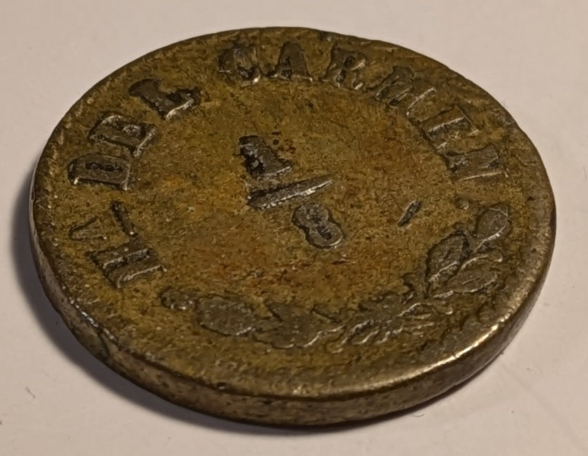 MEXICO, Zacatecas (?), Ahualulco. Florentino ~ Cuervo. 1877 ~ 1/8 in brass 22mm ~ FLORENTINO CUERVO 1877 around AM monogram ~ HA Del Carmen around 1/8, oak and laurel wreath. ~ Rulau Zac-1ff, Grove-1469 ~ VF