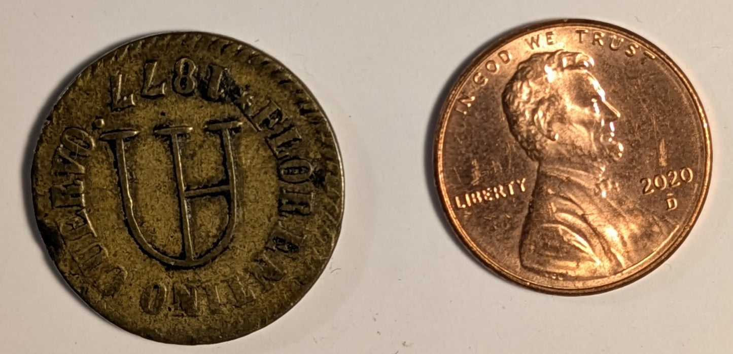 MEXICO, Zacatecas (?), Ahualulco. Florentino ~ Cuervo. 1877 ~ 1/8 in brass 22mm ~ FLORENTINO CUERVO 1877 around AM monogram ~ HA Del Carmen around 1/8, oak and laurel wreath. ~ Rulau Zac-1ff, Grove-1469 ~ VF