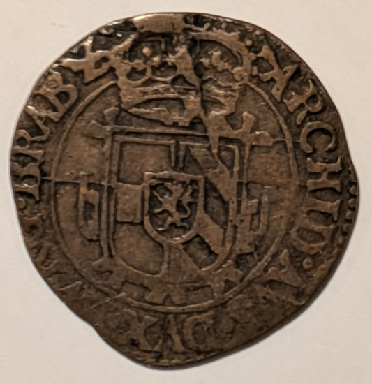 SPANISH NETHERLANDS, Philip IV ~ 1650 ~ AE Gigot (1.68g) ~ St. Andrew's cross, crown above, fleece below, "angel's face" above & legend ~ Crowned shield of Philip IV ~ Brussels mint ~ KM-55.3, GH-338.3 ~ Nice Fine