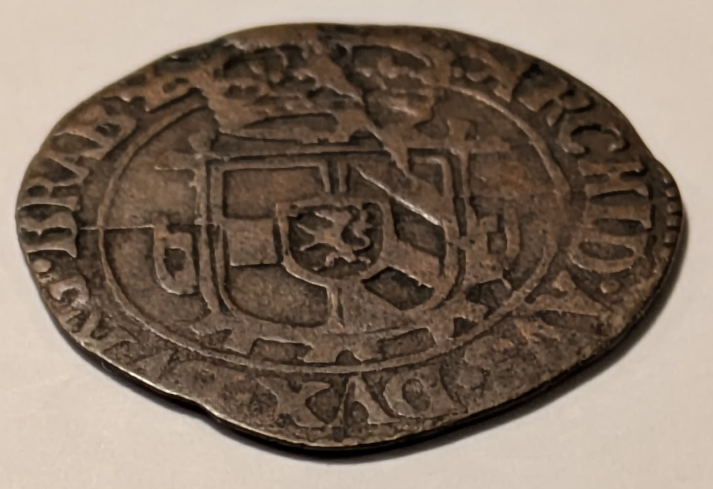 SPANISH NETHERLANDS, Philip IV ~ 1650 ~ AE Gigot (1.68g) ~ St. Andrew's cross, crown above, fleece below, "angel's face" above & legend ~ Crowned shield of Philip IV ~ Brussels mint ~ KM-55.3, GH-338.3 ~ Nice Fine