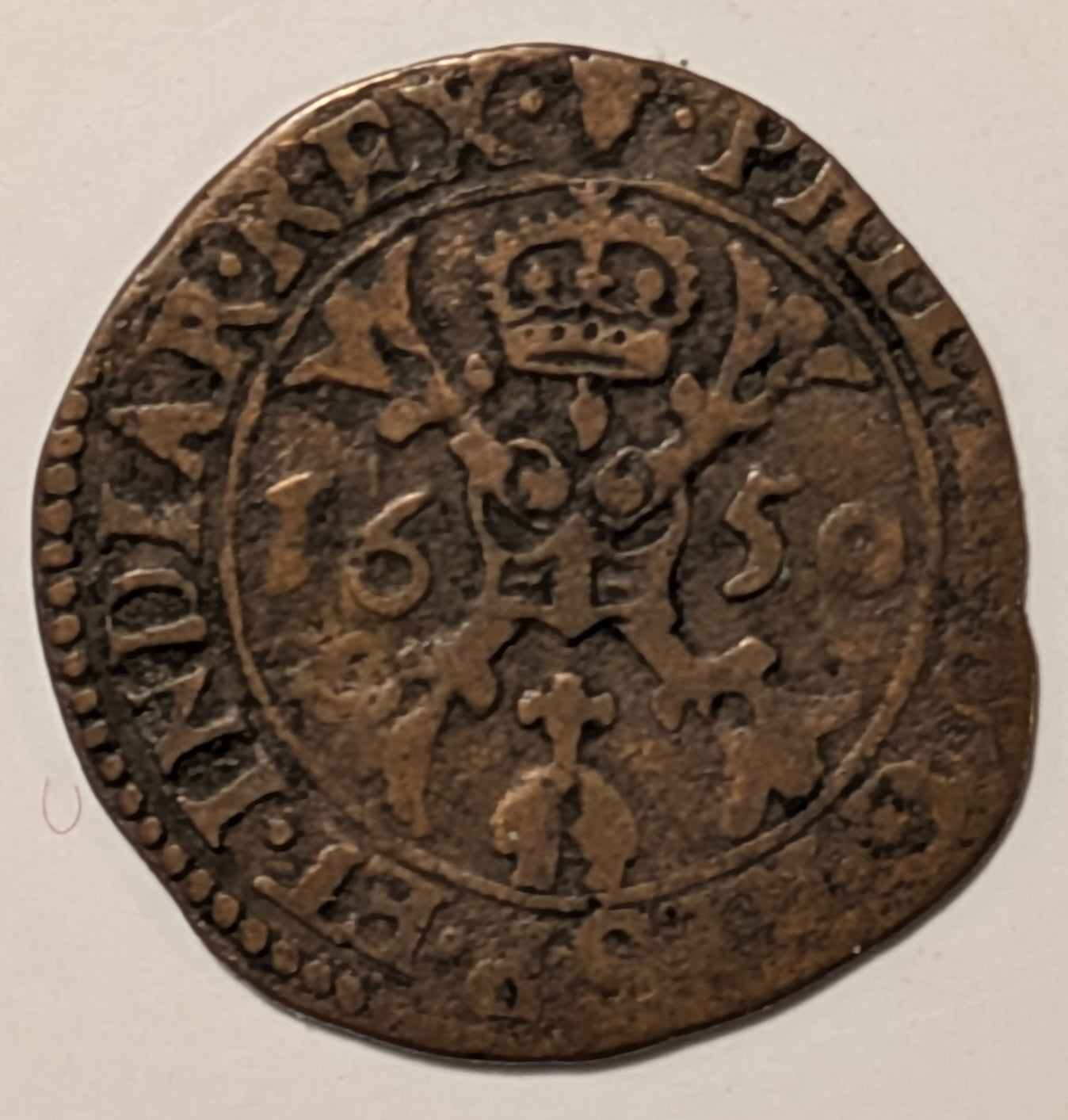 SPANISH NETHERLANDS, Philip IV ~ 1650 ~ AE Gigot (1.68g) ~ St. Andrew's cross, crown above, fleece below, "angel's face" above & legend ~ Crowned shield of Philip IV ~ Brussels mint ~ KM-55.3, GH-338.3 ~ Nice Fine