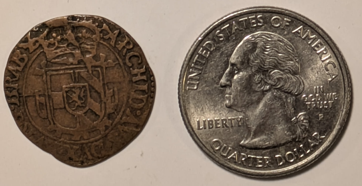 SPANISH NETHERLANDS, Philip IV ~ 1650 ~ AE Gigot (1.68g) ~ St. Andrew's cross, crown above, fleece below, "angel's face" above & legend ~ Crowned shield of Philip IV ~ Brussels mint ~ KM-55.3, GH-338.3 ~ Nice Fine