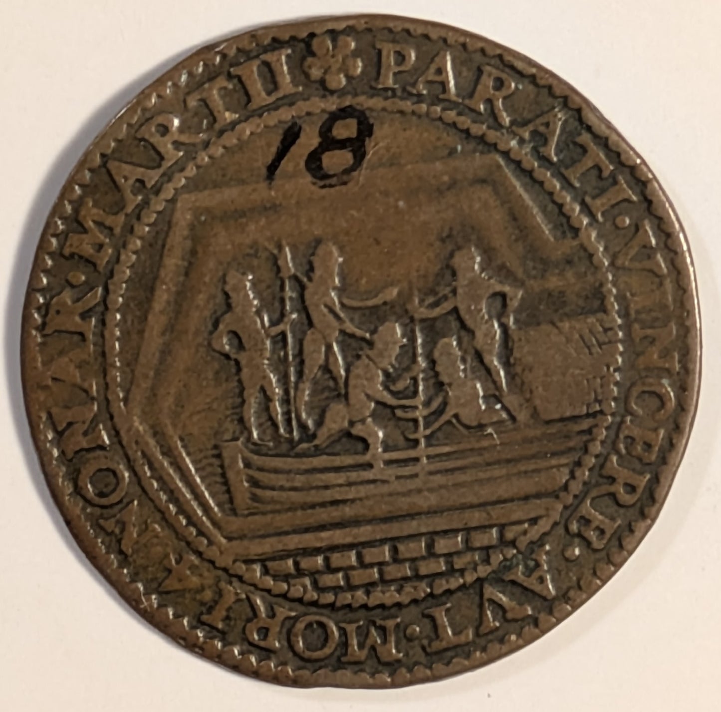 NETHERLANDS, Maurice, Prince of Orange ~ 1590 ~ Copper Jeton 30mm, 5.79g ~ Soldiers disembarking from barge/7 line legend including date in Roman numerals in legend ~ Mitch-2480, VL-V, 409, Dug-3255 ~ VF, museum number in “Indian Ink”