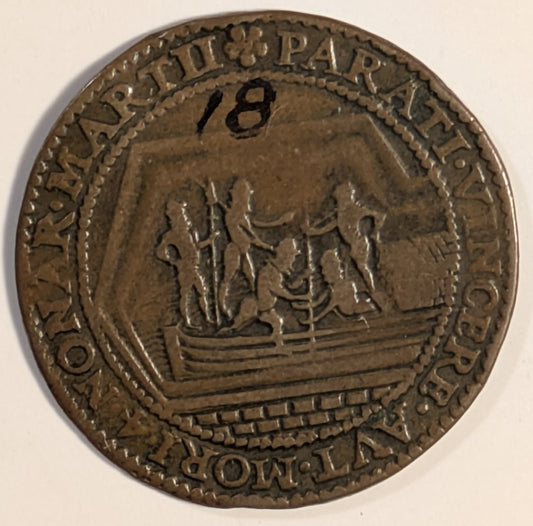 NETHERLANDS, Maurice, Prince of Orange ~ 1590 ~ Copper Jeton 30mm, 5.79g ~ Soldiers disembarking from barge/7 line legend including date in Roman numerals in legend ~ Mitch-2480, VL-V, 409, Dug-3255 ~ VF, museum number in “Indian Ink”