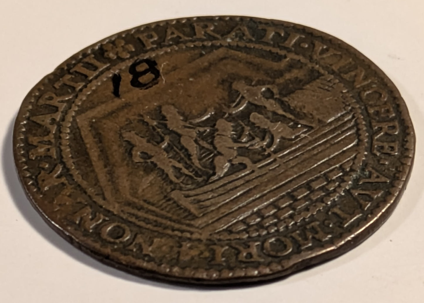 NETHERLANDS, Maurice, Prince of Orange ~ 1590 ~ Copper Jeton 30mm, 5.79g ~ Soldiers disembarking from barge/7 line legend including date in Roman numerals in legend ~ Mitch-2480, VL-V, 409, Dug-3255 ~ VF, museum number in “Indian Ink”