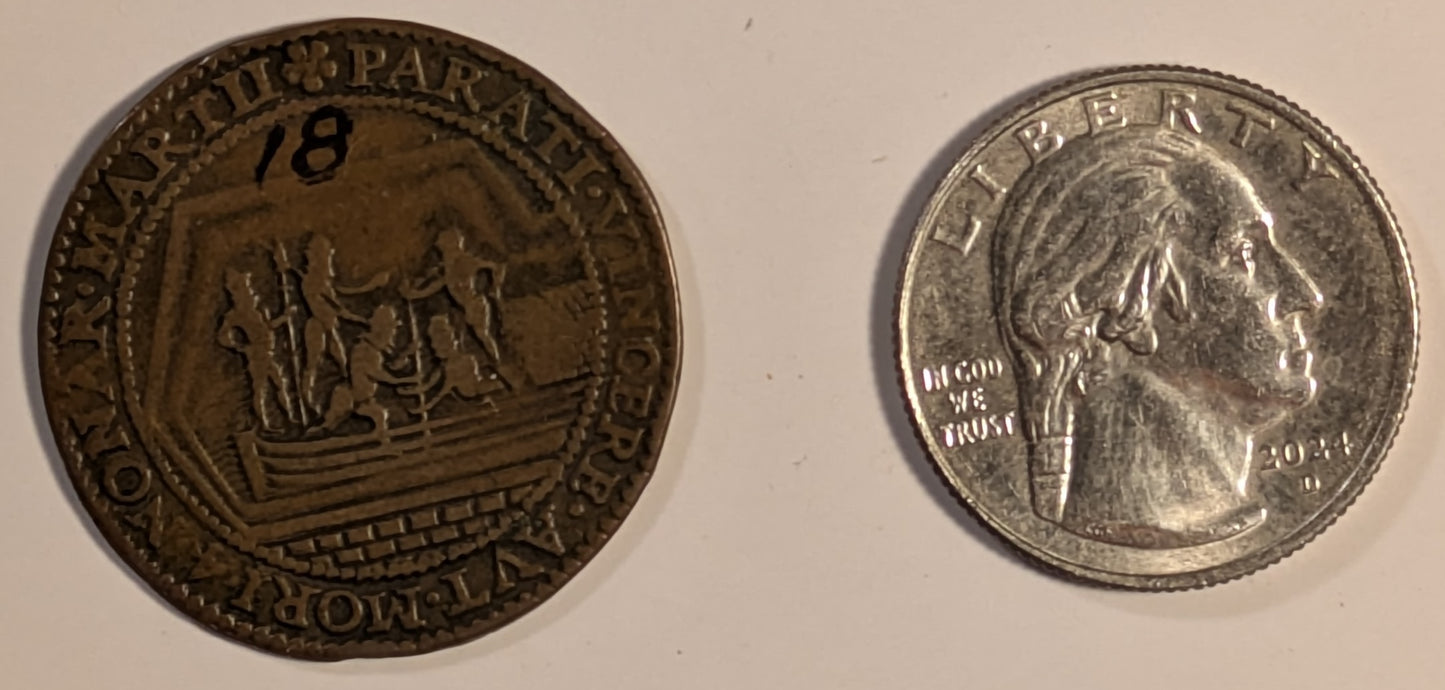 NETHERLANDS, Maurice, Prince of Orange ~ 1590 ~ Copper Jeton 30mm, 5.79g ~ Soldiers disembarking from barge/7 line legend including date in Roman numerals in legend ~ Mitch-2480, VL-V, 409, Dug-3255 ~ VF, museum number in “Indian Ink”