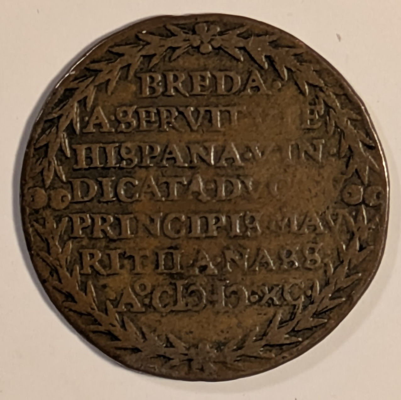 NETHERLANDS, Maurice, Prince of Orange ~ 1590 ~ Copper Jeton 30mm, 5.79g ~ Soldiers disembarking from barge/7 line legend including date in Roman numerals in legend ~ Mitch-2480, VL-V, 409, Dug-3255 ~ VF, museum number in “Indian Ink”