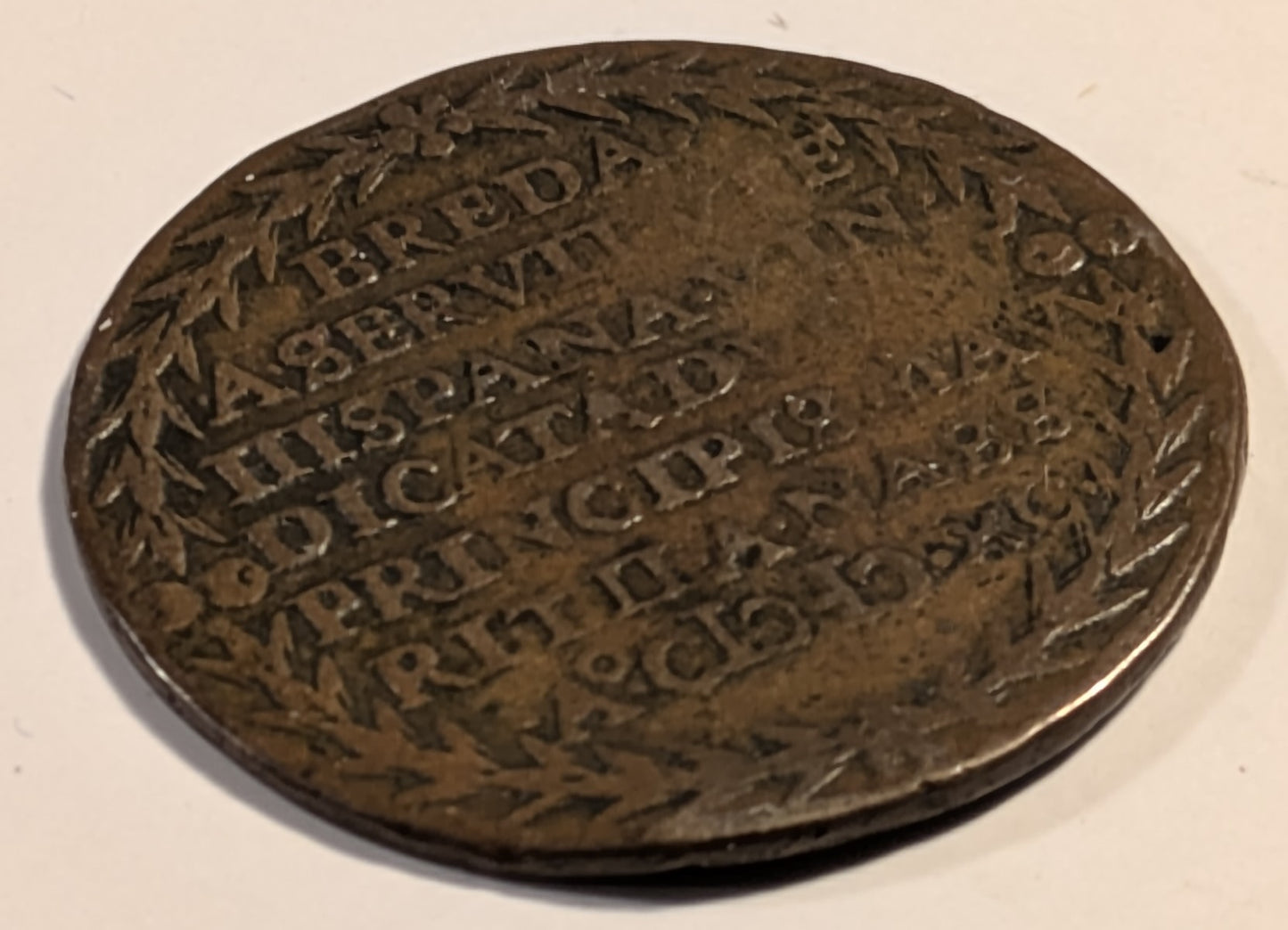 NETHERLANDS, Maurice, Prince of Orange ~ 1590 ~ Copper Jeton 30mm, 5.79g ~ Soldiers disembarking from barge/7 line legend including date in Roman numerals in legend ~ Mitch-2480, VL-V, 409, Dug-3255 ~ VF, museum number in “Indian Ink”