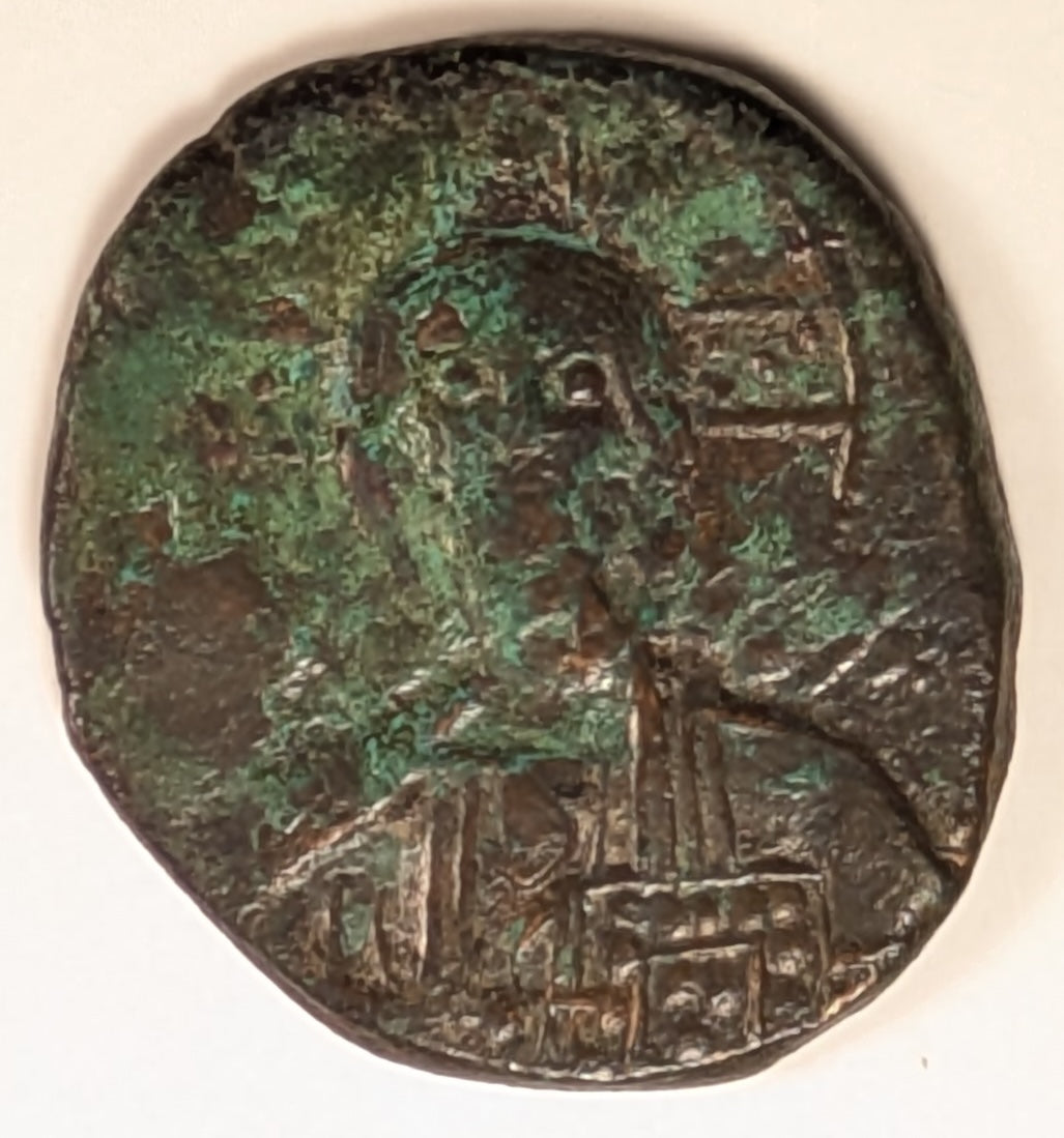 BYZANTINE, Anonymous att. to Basil II & ~ Constantine VIII. (976-1028) ~ Æ Follis (8.98g) 26mm ~ Facing bust of Christ. Anonymous Class A3 ~ “Jesus Christ, King of Kings” in 4 lines ~ SB-1818 ~ Fine, o.c. with green deposits on obverse