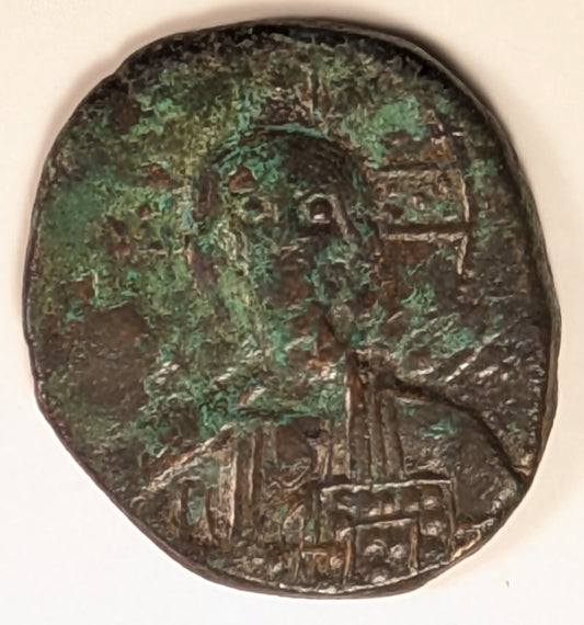 BYZANTINE, Anonymous att. to Basil II & ~ Constantine VIII. (976-1028) ~ Æ Follis (8.98g) 26mm ~ Facing bust of Christ. Anonymous Class A3 ~ “Jesus Christ, King of Kings” in 4 lines ~ SB-1818 ~ Fine, o.c. with green deposits on obverse