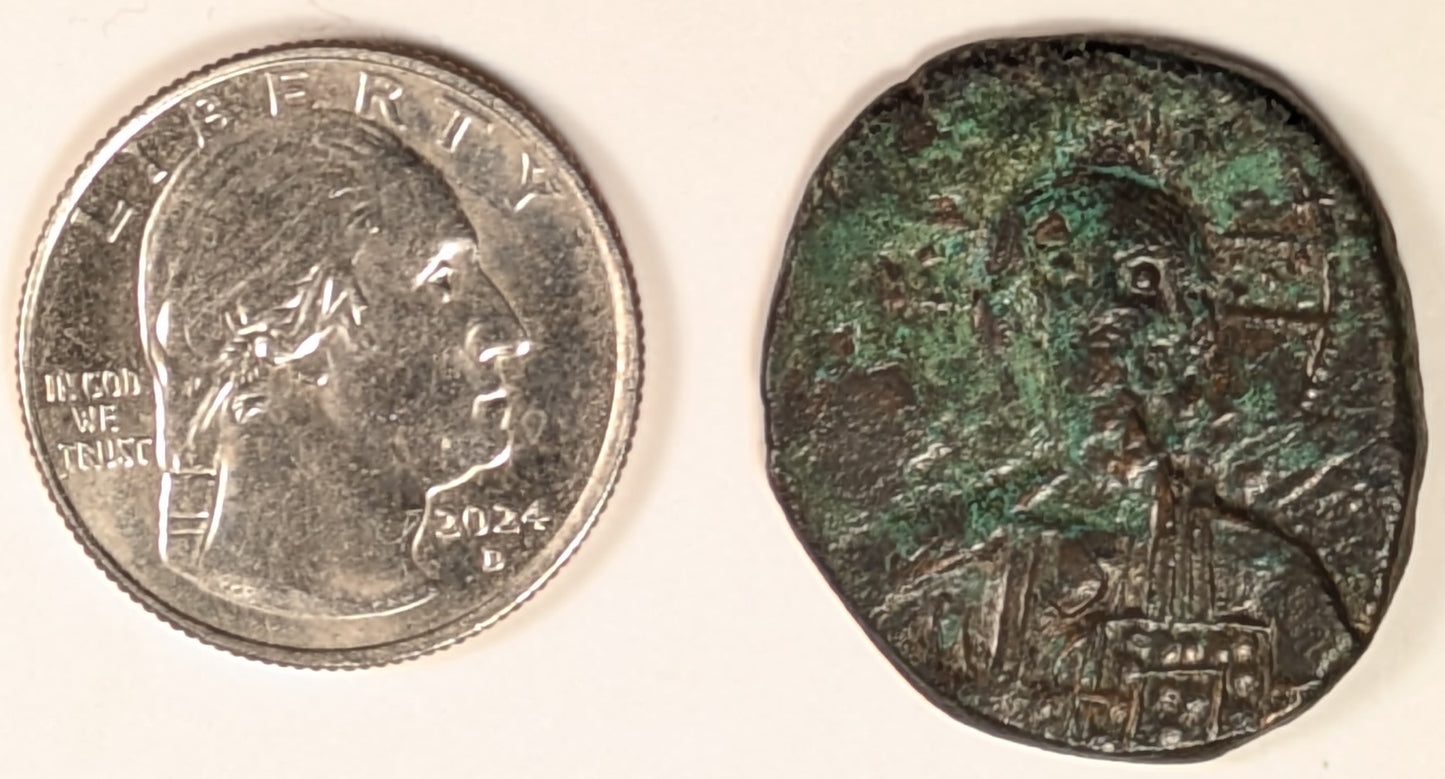 BYZANTINE, Anonymous att. to Basil II & ~ Constantine VIII. (976-1028) ~ Æ Follis (8.98g) 26mm ~ Facing bust of Christ. Anonymous Class A3 ~ “Jesus Christ, King of Kings” in 4 lines ~ SB-1818 ~ Fine, o.c. with green deposits on obverse