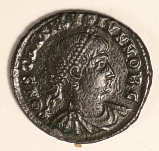 ROME, Constantine II ~ 337-340 ~ Æ4 (2.49g) of Cyzicus ~ Bust right ~ 2 soldiers stg., either side of 1 standard, SMKA in ex, glor iaexer citvs around ~ RIC-27. LRBC-1275 ~ Nice glossy  VF