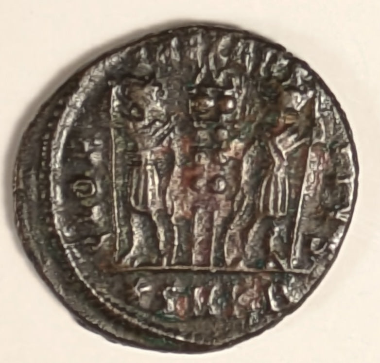 ROME, Constantine II ~ 337-340 ~ Æ4 (2.49g) of Cyzicus ~ Bust right ~ 2 soldiers stg., either side of 1 standard, SMKA in ex, glor iaexer citvs around ~ RIC-27. LRBC-1275 ~ Nice glossy  VF