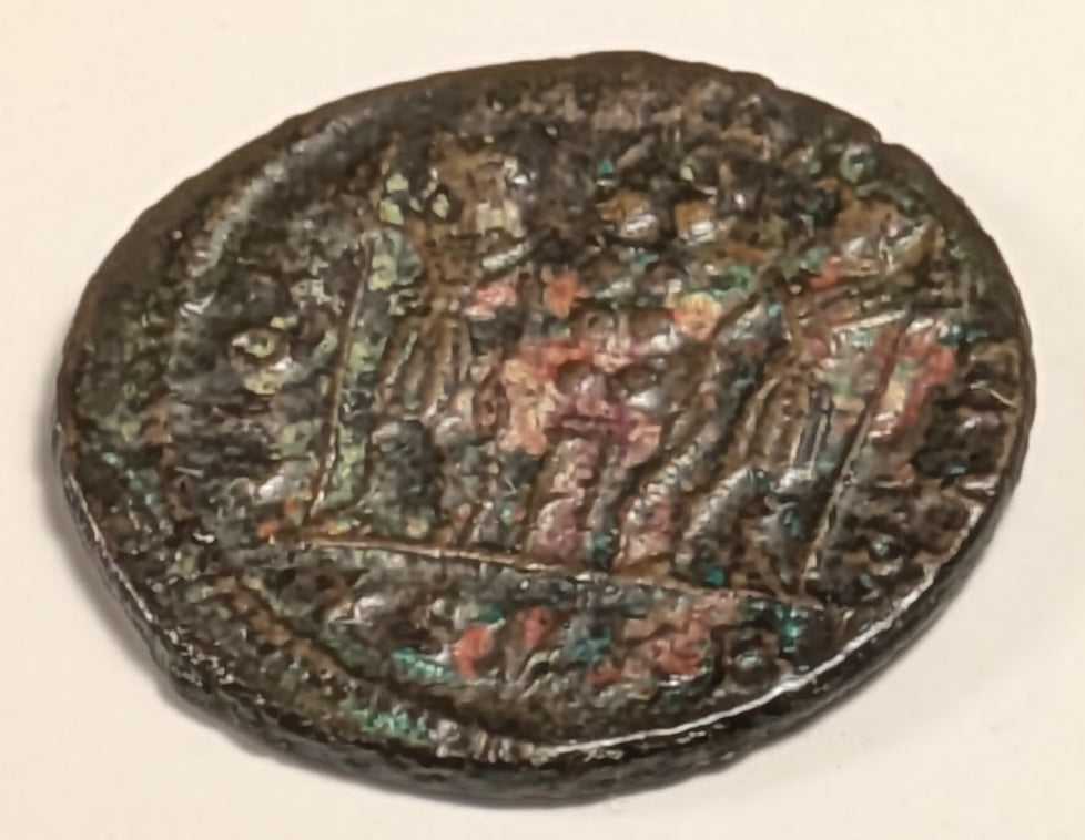 ROME, Constantine II ~ 337-340 ~ Æ4 (2.49g) of Cyzicus ~ Bust right ~ 2 soldiers stg., either side of 1 standard, SMKA in ex, glor iaexer citvs around ~ RIC-27. LRBC-1275 ~ Nice glossy  VF