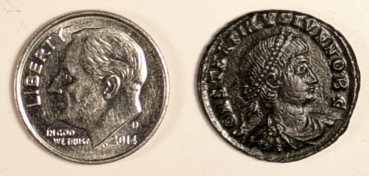 ROME, Constantine II ~ 337-340 ~ Æ4 (2.49g) of Cyzicus ~ Bust right ~ 2 soldiers stg., either side of 1 standard, SMKA in ex, glor iaexer citvs around ~ RIC-27. LRBC-1275 ~ Nice glossy  VF