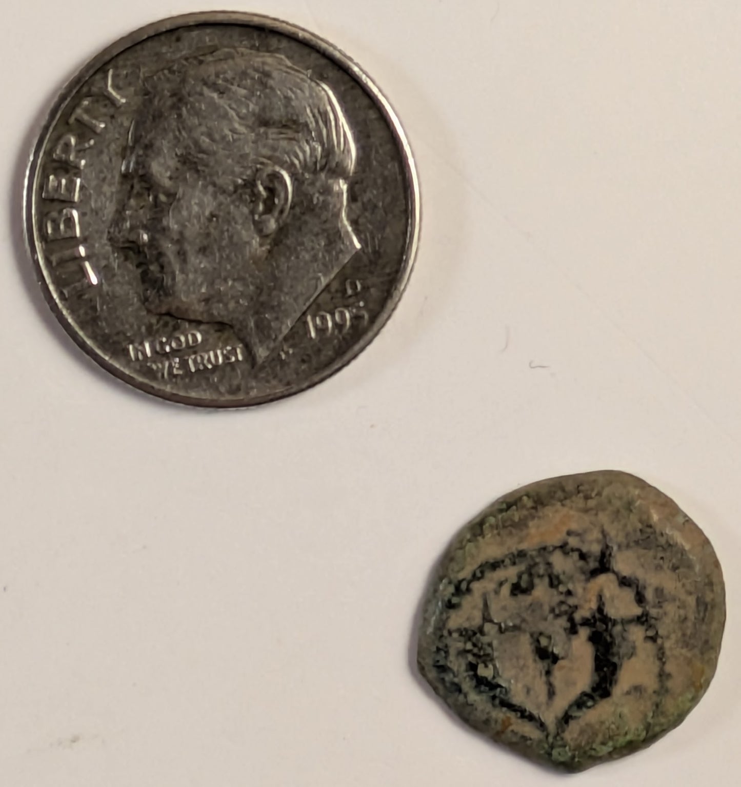 JUDAEA, John Hyrvanus ~ 135-104 BC ~ AE Prutah (1.58g) ~ Paleo-Hebrew in wedge style characters, "Yehohanan the High Priest & the Council of the Jews" ~ Double cornucopia, pomegranate between horns, monograph to lower right (Γ) ? ~ Hen-1135, TJC-D ~ VF