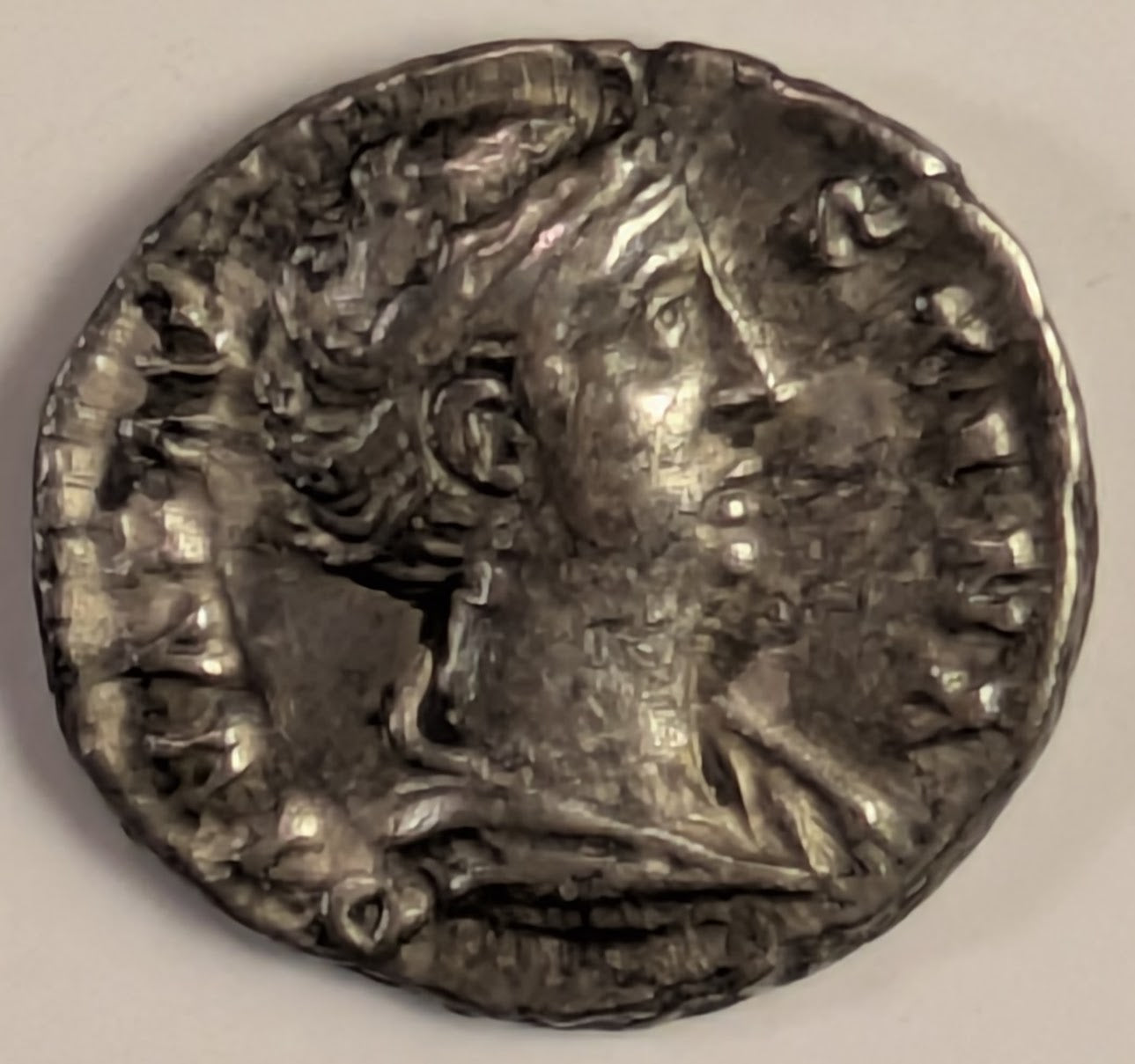 ROME, Diva Faustina Senior, wife of Antoninus Pius. Died 141 AD ~ Silver Denarius (3.51g) ~ Draped bust right DIVA FAVSTINA ~ Aeternitas standing front holding globe, veil blowing out around head AETERNITAS ~ RIC-351, RSC-32 ~ VF obv a bit porous