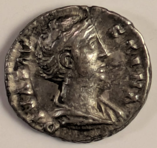 ROME, Diva Faustina Senior, wife of Antoninus Pius. Died 141 AD ~ Silver Denarius (3.51g) ~ Draped bust right DIVA FAVSTINA ~ Aeternitas standing front holding globe, veil blowing out around head AETERNITAS ~ RIC-351, RSC-32 ~ VF obv a bit porous