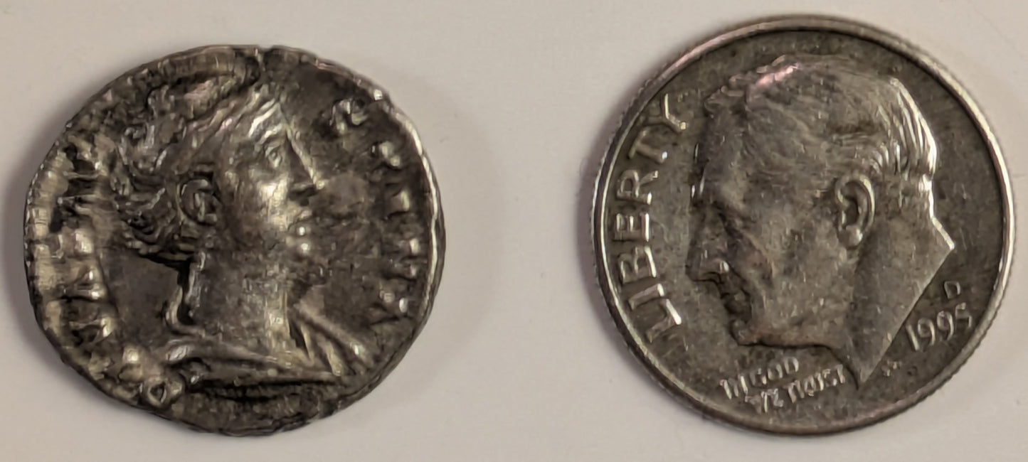 ROME, Diva Faustina Senior, wife of Antoninus Pius. Died 141 AD ~ Silver Denarius (3.51g) ~ Draped bust right DIVA FAVSTINA ~ Aeternitas standing front holding globe, veil blowing out around head AETERNITAS ~ RIC-351, RSC-32 ~ VF obv a bit porous