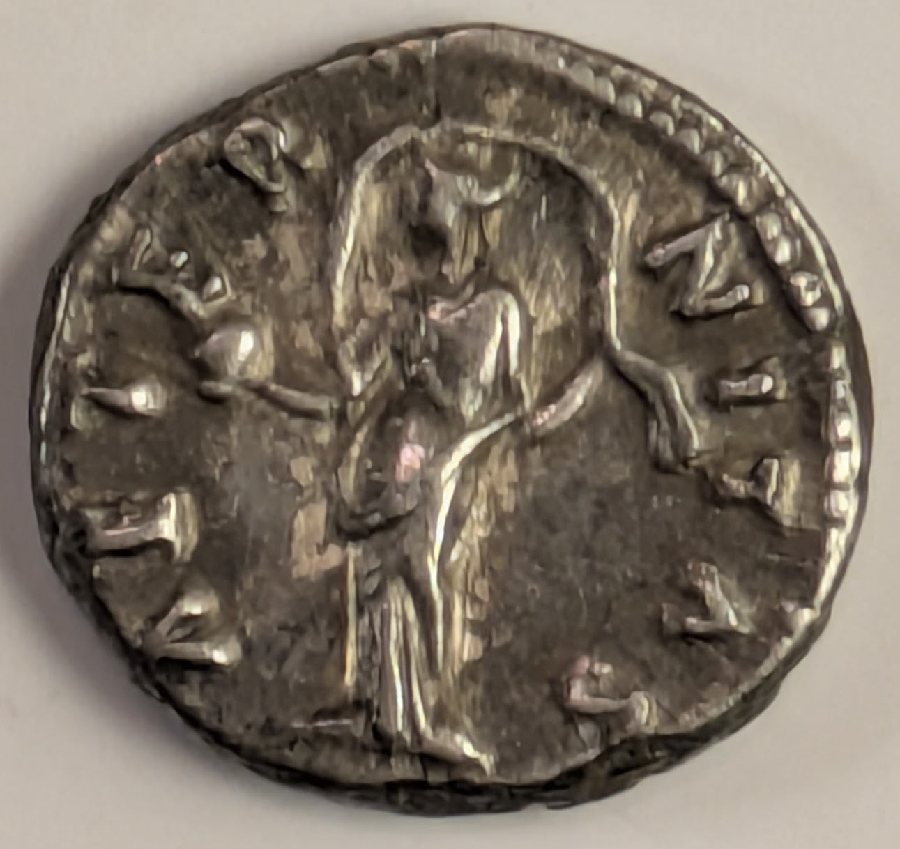 ROME, Diva Faustina Senior, wife of Antoninus Pius. Died 141 AD ~ Silver Denarius (3.51g) ~ Draped bust right DIVA FAVSTINA ~ Aeternitas standing front holding globe, veil blowing out around head AETERNITAS ~ RIC-351, RSC-32 ~ VF obv a bit porous