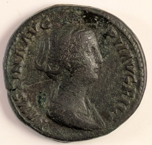 ROME, Faustina Jr., daughter of Antoninus Pius (154-156 AD) ~ AE Sestertius (27.14g) ~ Draped bust right FAVSTINA AVG PII AVG FIL ~ Diana standing left, holding arrow and bow, S-C to either side ~ RIC-1383, SR-4717 ~ F-VF, green-brown patina. Light.
