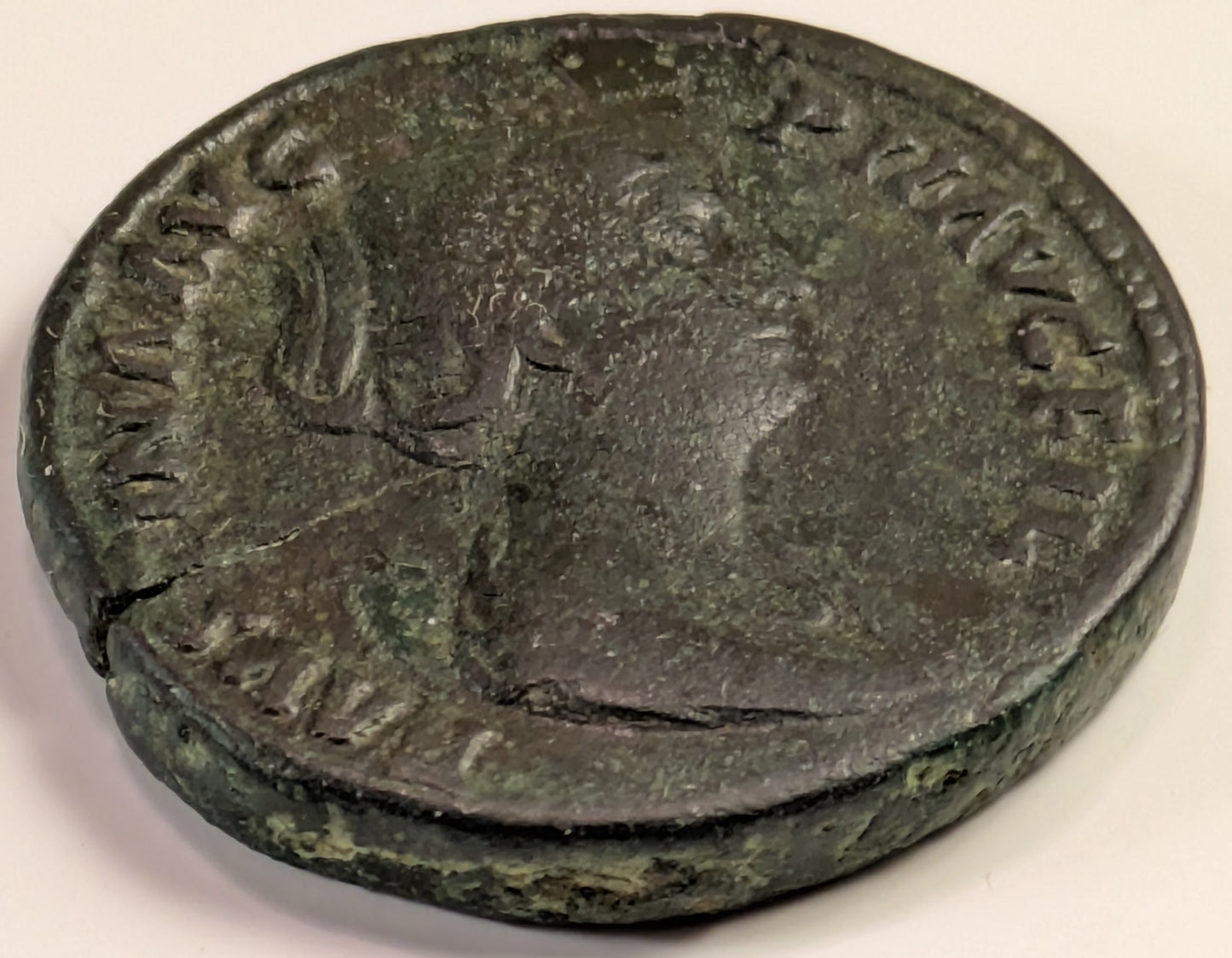 ROME, Faustina Jr., daughter of Antoninus Pius (154-156 AD) ~ AE Sestertius (27.14g) ~ Draped bust right FAVSTINA AVG PII AVG FIL ~ Diana standing left, holding arrow and bow, S-C to either side ~ RIC-1383, SR-4717 ~ F-VF, green-brown patina. Light.