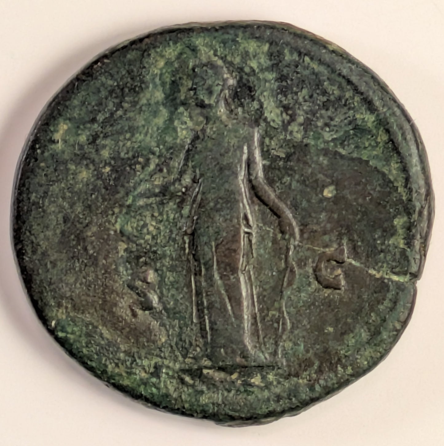 ROME, Faustina Jr., daughter of Antoninus Pius (154-156 AD) ~ AE Sestertius (27.14g) ~ Draped bust right FAVSTINA AVG PII AVG FIL ~ Diana standing left, holding arrow and bow, S-C to either side ~ RIC-1383, SR-4717 ~ F-VF, green-brown patina. Light.