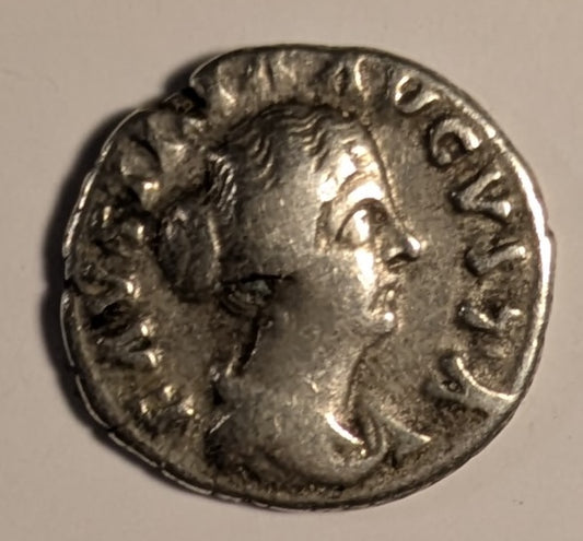 ROME, Faustina Jr., wife of Marcus Aurelius ~ Died 175-176 AD ~ Silver Denarius (3.15g) ~ Draped bust rt FAVSTINA AVGVSTA ~ Fecunditas standing between 2 children, holding 2 more in arms FECVND AVGVSTAE ~ RIC-676, RSC-95, SR-5251 ~ Fine+, Popular type
