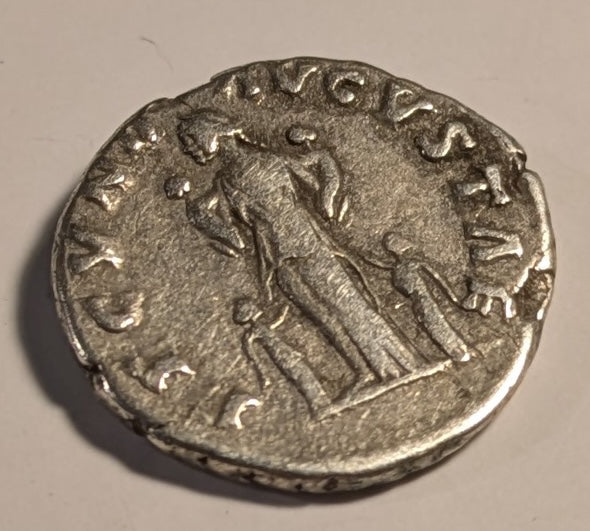 ROME, Faustina Jr., wife of Marcus Aurelius ~ Died 175-176 AD ~ Silver Denarius (3.15g) ~ Draped bust rt FAVSTINA AVGVSTA ~ Fecunditas standing between 2 children, holding 2 more in arms FECVND AVGVSTAE ~ RIC-676, RSC-95, SR-5251 ~ Fine+, Popular type