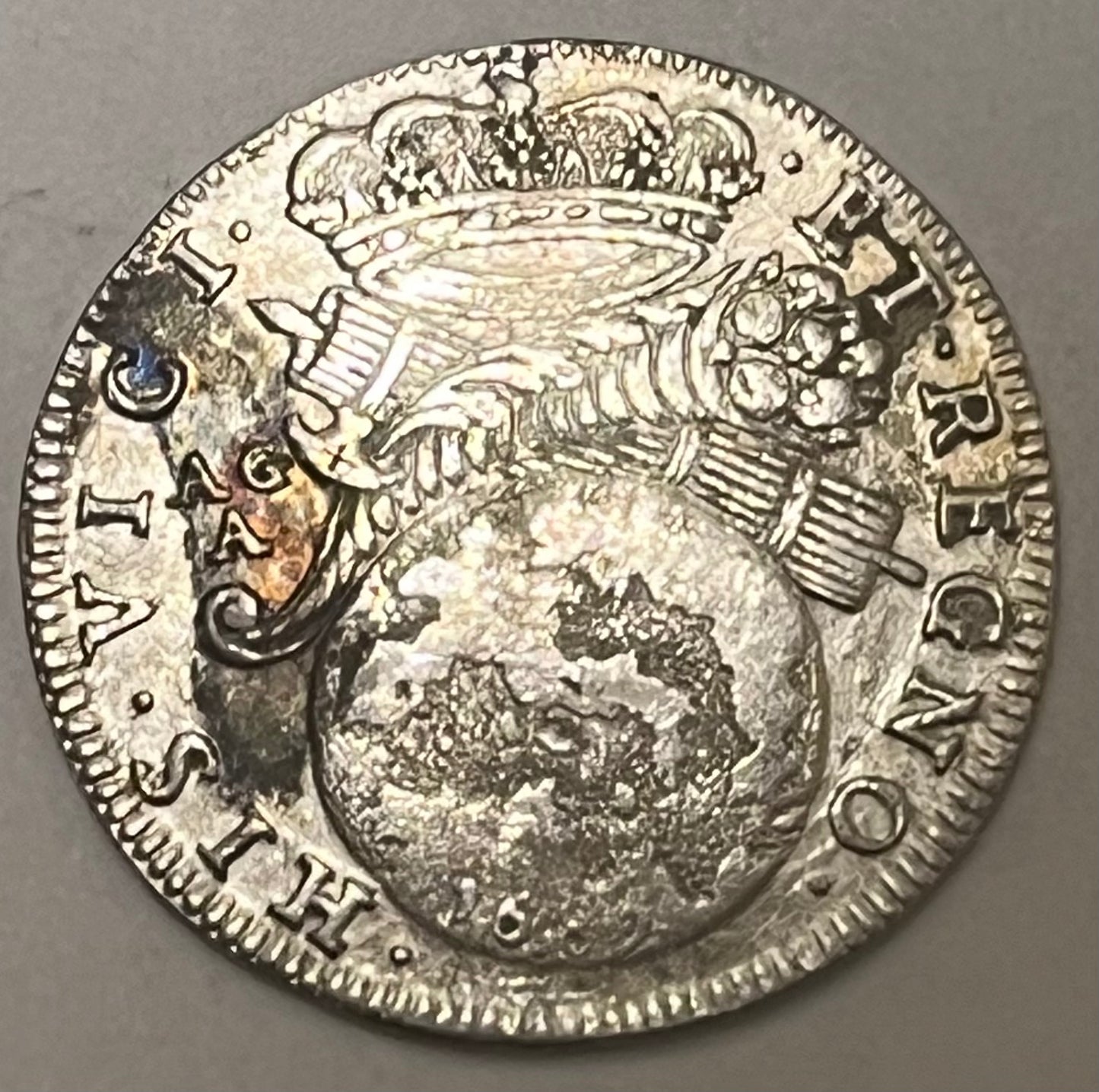 ITALY, Naples, Charles II of Spain ~ 1685 ~ Silver Tari (5.47g) ~ Crowned shield ~ Globe with raised date, crown above crossed fasces and cornucopia ~ KM-104 ~ VF, light adj. marks