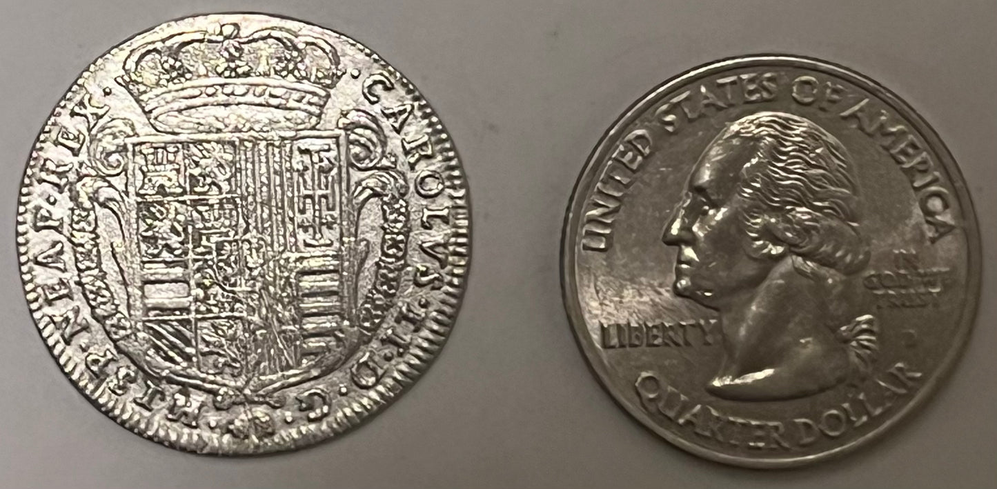 ITALY, Naples, Charles II of Spain ~ 1685 ~ Silver Tari (5.47g) ~ Crowned shield ~ Globe with raised date, crown above crossed fasces and cornucopia ~ KM-104 ~ VF, light adj. marks