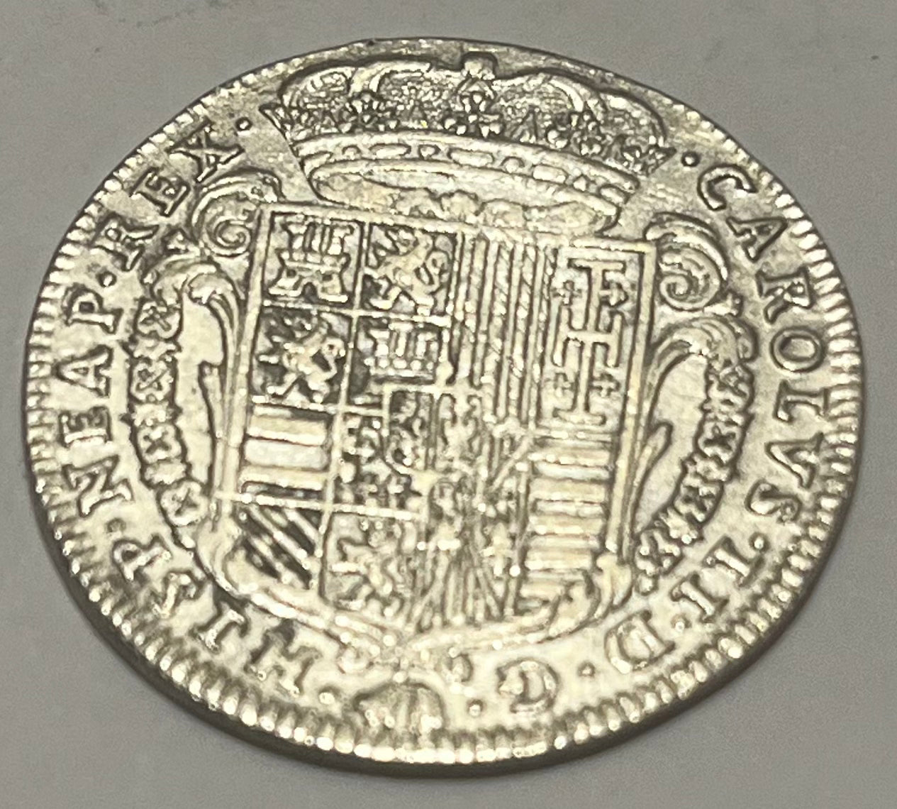 ITALY, Naples, Charles II of Spain ~ 1685 ~ Silver Tari (5.47g) ~ Crowned shield ~ Globe with raised date, crown above crossed fasces and cornucopia ~ KM-104 ~ VF, light adj. marks