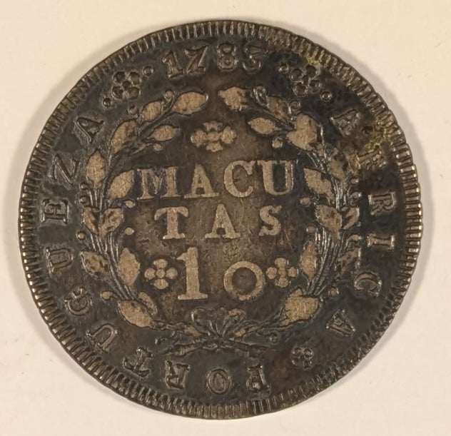 ANGOLA, Portuguese Africa ~ 1783 ~ 10 Macutas ~ Crowned arms ~ Denomination within wreath. One year type issued under Maria I and Pedro III ~ Cr-22, KM-24, Dav-6 ~ Toned VF