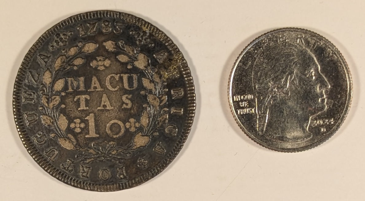 ANGOLA, Portuguese Africa ~ 1783 ~ 10 Macutas ~ Crowned arms ~ Denomination within wreath. One year type issued under Maria I and Pedro III ~ Cr-22, KM-24, Dav-6 ~ Toned VF