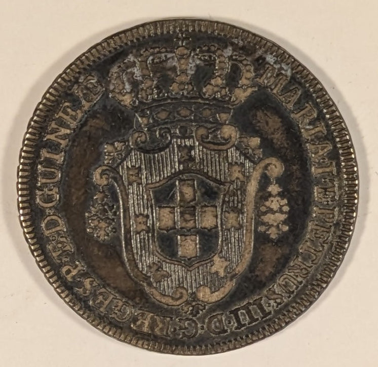 ANGOLA, Portuguese Africa ~ 1783 ~ 10 Macutas ~ Crowned arms ~ Denomination within wreath. One year type issued under Maria I and Pedro III ~ Cr-22, KM-24, Dav-6 ~ Toned VF