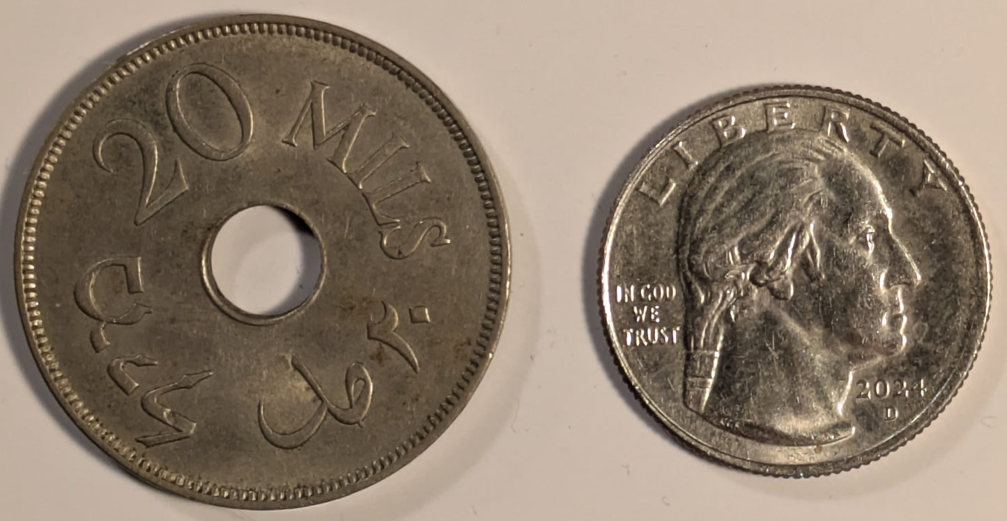 PALESTINE, British Mandate ~ 1927 ~ 20 Mils ~ Key denomination ~ Y-5, KM-5 ~ EF