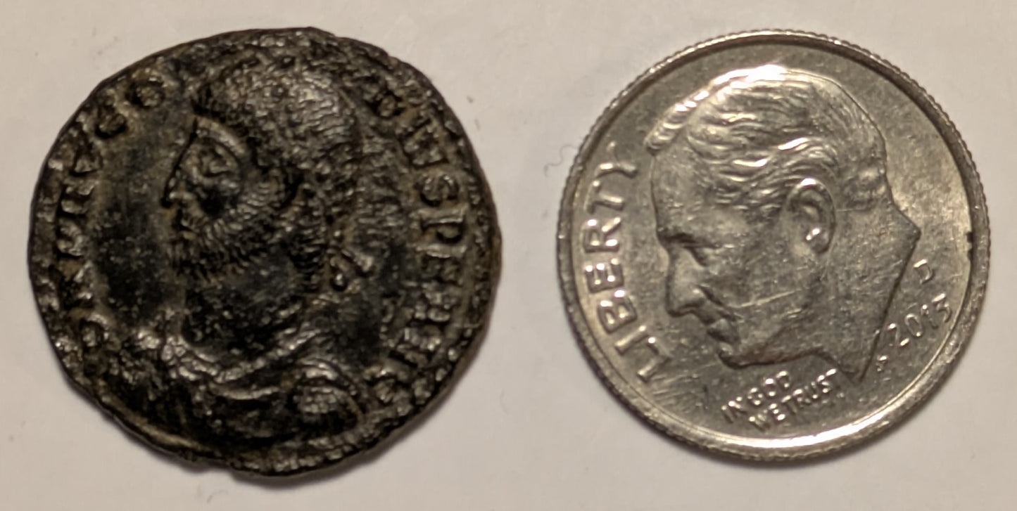 ROME, Procopius ~ 365-366 AD ~ AE3 (3.46g) ~ Diadmed, draped & cuirassed bust left ~ Emp. stg., facing, head right, holding labarum & leaning on shield, some at foot I, CONSB in etc ~ RIC-17a, SR-19883 ~ (9,17a)? ~ F-VF, bit rough, nice portrait