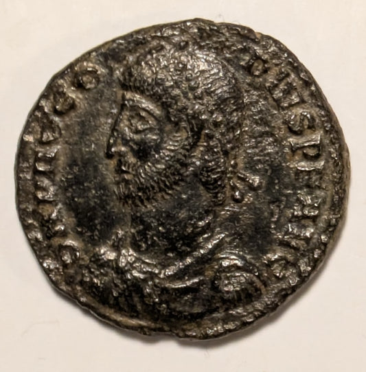 ROME, Procopius ~ 365-366 AD ~ AE3 (3.46g) ~ Diadmed, draped & cuirassed bust left ~ Emp. stg., facing, head right, holding labarum & leaning on shield, some at foot I, CONSB in etc ~ RIC-17a, SR-19883 ~ (9,17a)? ~ F-VF, bit rough, nice portrait