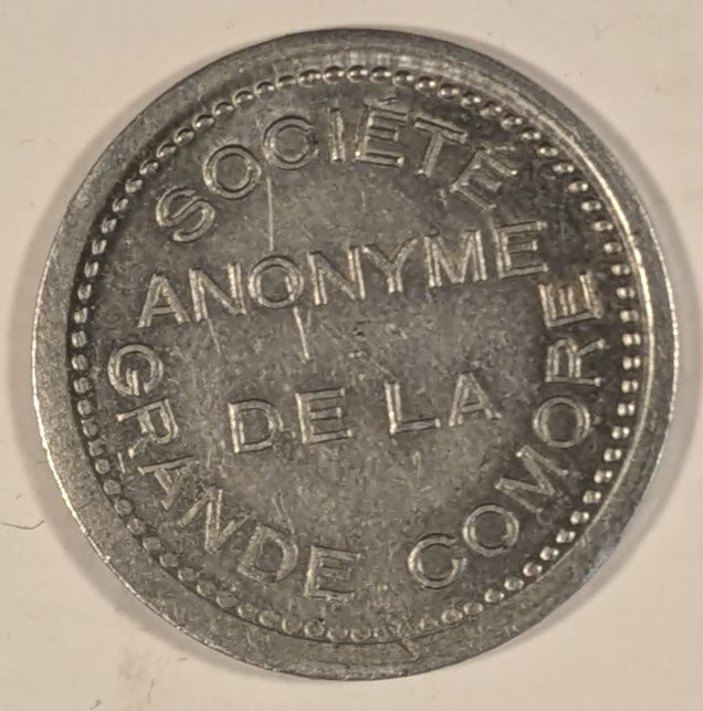 COMOROS, SOCIETE ANONYME DE LA  ~ GRANDE COMORE ND (1915) ~ 25 Centimes Aluminum token ~ SOCIETE ANONYME DE LA GRANDE COMORE ~ BON DE REMBOURSABLE 25¢ ~ Lec-21, Gad-4, KN-Tn-1 ~ EF, some porosity