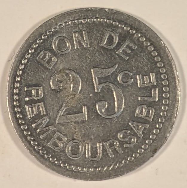 COMOROS, SOCIETE ANONYME DE LA  ~ GRANDE COMORE ND (1915) ~ 25 Centimes Aluminum token ~ SOCIETE ANONYME DE LA GRANDE COMORE ~ BON DE REMBOURSABLE 25¢ ~ Lec-21, Gad-4, KN-Tn-1 ~ EF, some porosity