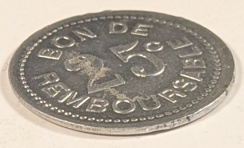 COMOROS, SOCIETE ANONYME DE LA  ~ GRANDE COMORE ND (1915) ~ 25 Centimes Aluminum token ~ SOCIETE ANONYME DE LA GRANDE COMORE ~ BON DE REMBOURSABLE 25¢ ~ Lec-21, Gad-4, KN-Tn-1 ~ EF, some porosity