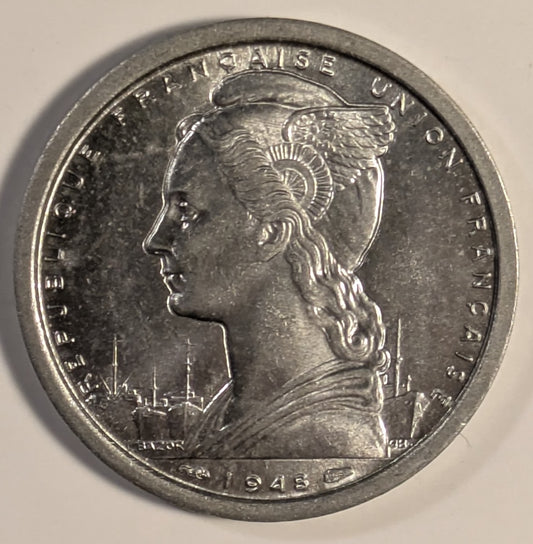 ST. PIERRE & MIQUELON, French Overseas Department ~ 1948 ~ 2 Francs ~ French colony off the coast of Newfoundland ~ Last remaining North American colony of French colonial empire ~ Y-2, KM-2 ~ BU