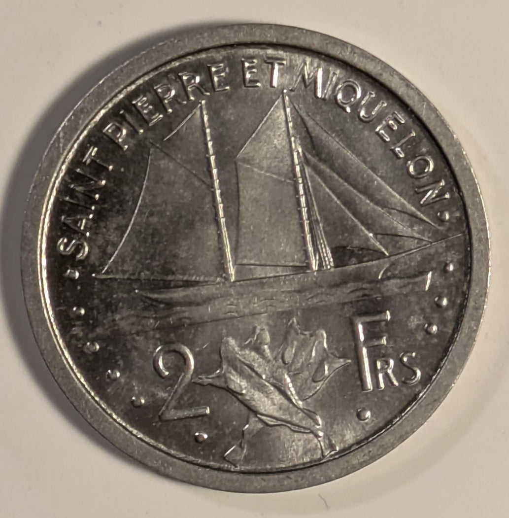 ST. PIERRE & MIQUELON, French Overseas Department ~ 1948 ~ 2 Francs ~ French colony off the coast of Newfoundland ~ Last remaining North American colony of French colonial empire ~ Y-2, KM-2 ~ BU