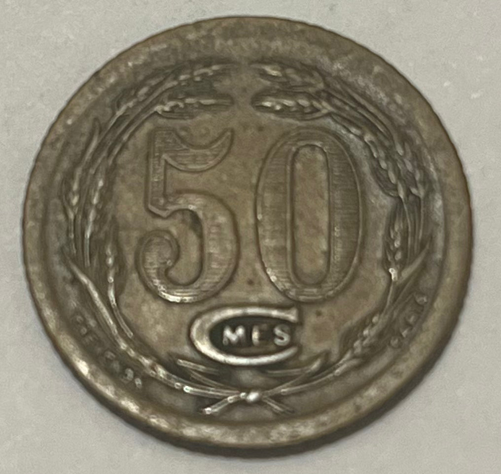 DJIBOUTI, French Colony ~ 1921 ~ 50 Centimes token ~ Type with horned deer standing left, to left of tree ~ Bronze 23mm ~ KM-Tn9, Lec-96 ~ Nice VF