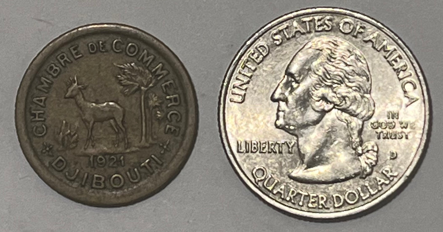 DJIBOUTI, French Colony ~ 1921 ~ 50 Centimes token ~ Type with horned deer standing left, to left of tree ~ Bronze 23mm ~ KM-Tn9, Lec-96 ~ Nice VF