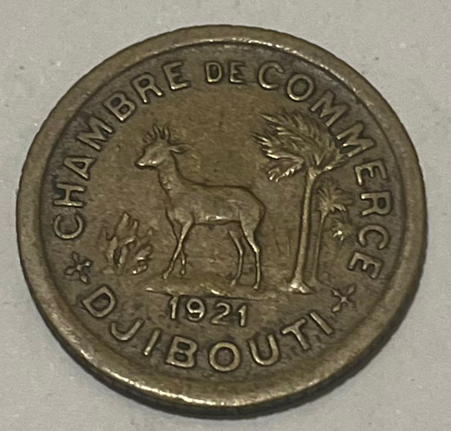 DJIBOUTI, French Colony ~ 1921 ~ 50 Centimes token ~ Type with horned deer standing left, to left of tree ~ Bronze 23mm ~ KM-Tn9, Lec-96 ~ Nice VF